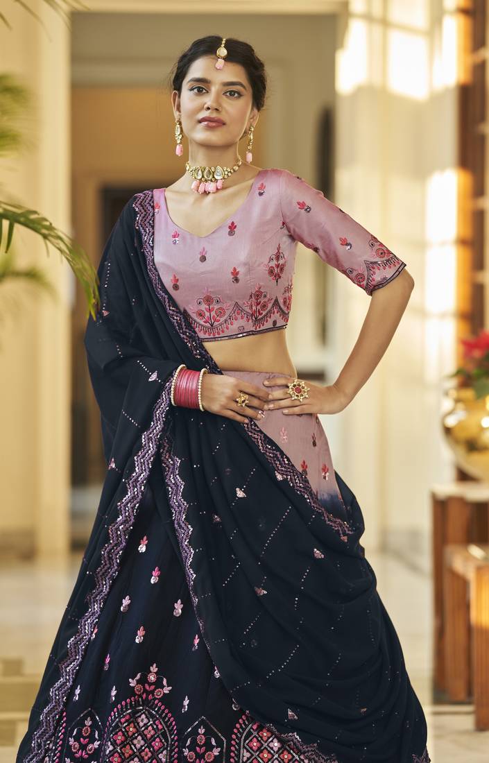 Glamorous Dusty pink-Navy Blue Thread and Sequins Embroidered with mirror work  Art Silk Party wear Lehenga choli 