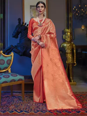 Red Faux Kanjivaram Silk Gold Zari Weaving Border And Rich Pallu Saree With Blouse For Women  1