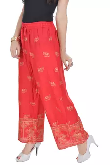 Red Jaipuri Gold Print Cotton Palazzo