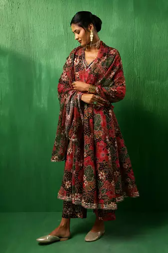 Adaa tropical print black muslin anarkali set