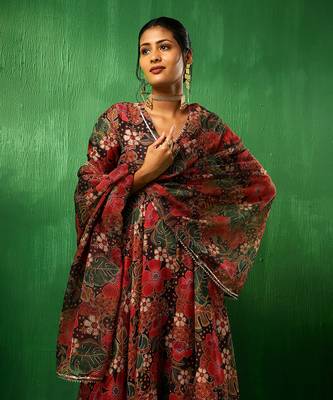 Adaa tropical print black muslin anarkali set 5