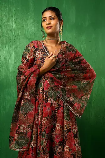 Adaa tropical print black muslin anarkali set