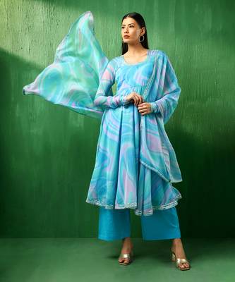 Adaa blue marble print organza anarkali set 1