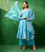Adaa blue marble print organza anarkali set