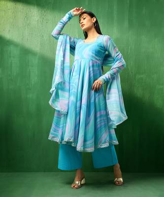 Adaa blue marble print organza anarkali set 2