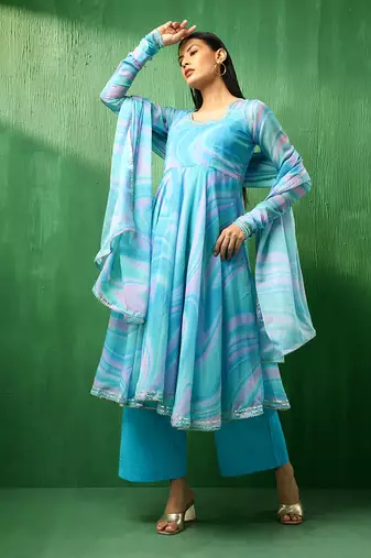 Adaa blue marble print organza anarkali set