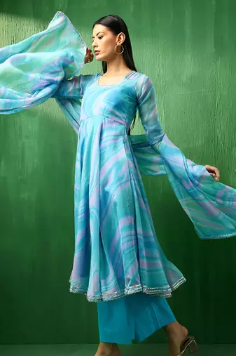 Adaa blue marble print organza anarkali set