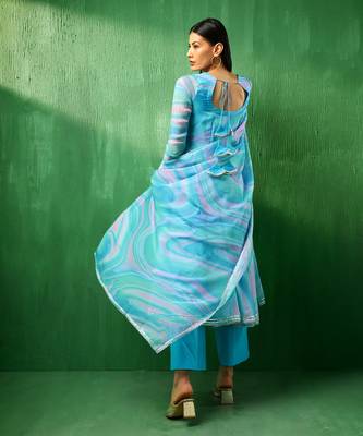 Adaa blue marble print organza anarkali set 4