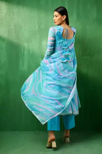Adaa blue marble print organza anarkali set
