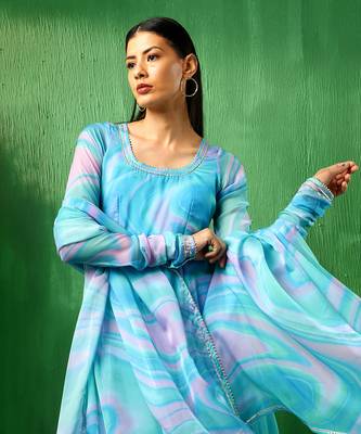 Adaa blue marble print organza anarkali set 5