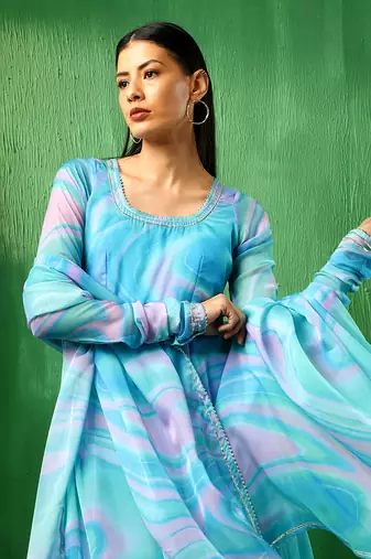 Adaa blue marble print organza anarkali set