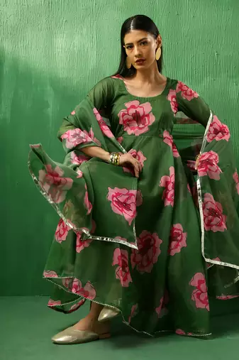 Adaa green carnation organza anarkali set