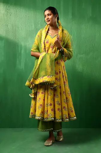 Adaa yellow cotton anarkali set