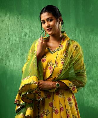 Adaa yellow cotton anarkali set 4