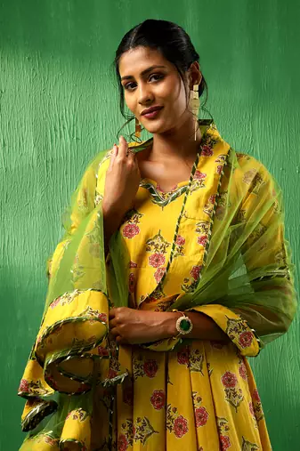 Adaa yellow cotton anarkali set