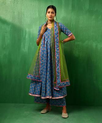 Adaa lotus blue cotton anarkali set 1
