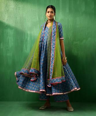 Adaa lotus blue cotton anarkali set 2