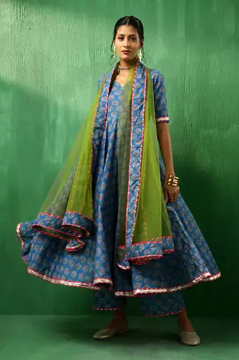 Adaa lotus blue cotton anarkali set