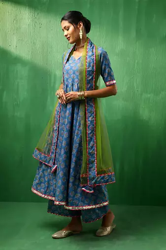 Adaa lotus blue cotton anarkali set