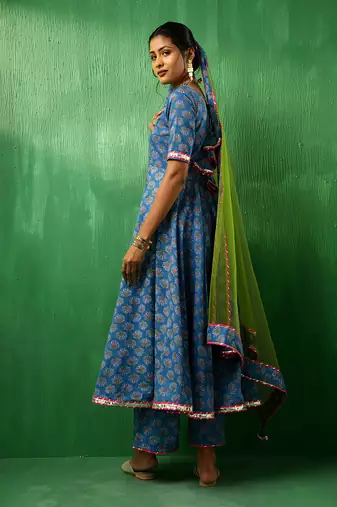 Adaa lotus blue cotton anarkali set