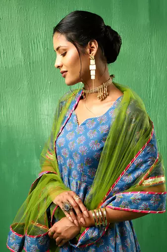 Adaa lotus blue cotton anarkali set
