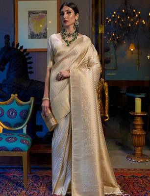 Off White kanjivaram silk blend zari Work Wedding Saree 1