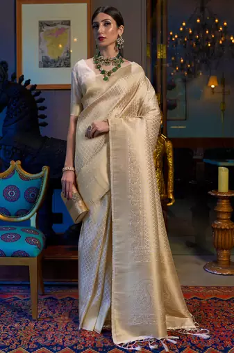 Off White kanjivaram silk blend zari Work Wedding Saree