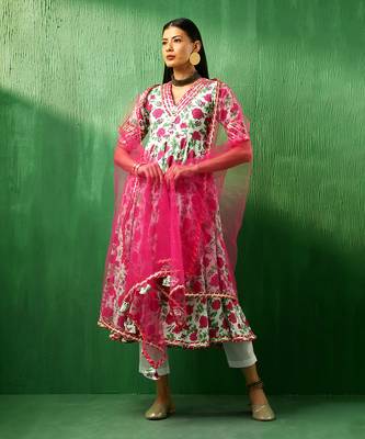 Adaa pink white cotton anarkali set 1