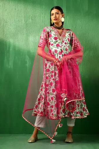 Adaa pink white cotton anarkali set