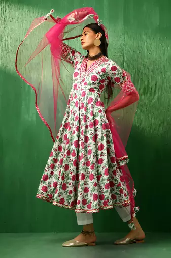 Adaa pink white cotton anarkali set