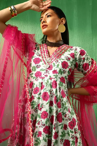 Adaa pink white cotton anarkali set