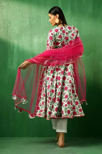 Adaa pink white cotton anarkali set