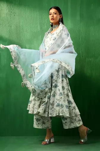 Adaa blue rose cotton anarkali set