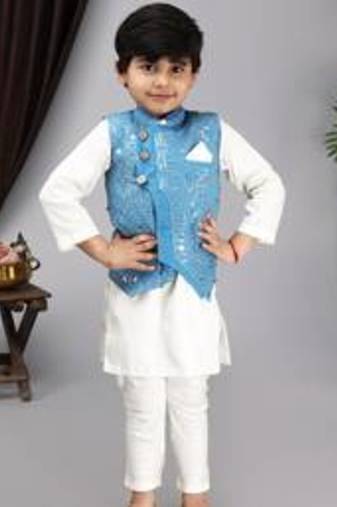 Off white kurta chudidar blue nehru jacket