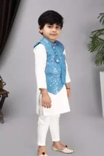 Off white kurta chudidar blue nehru jacket