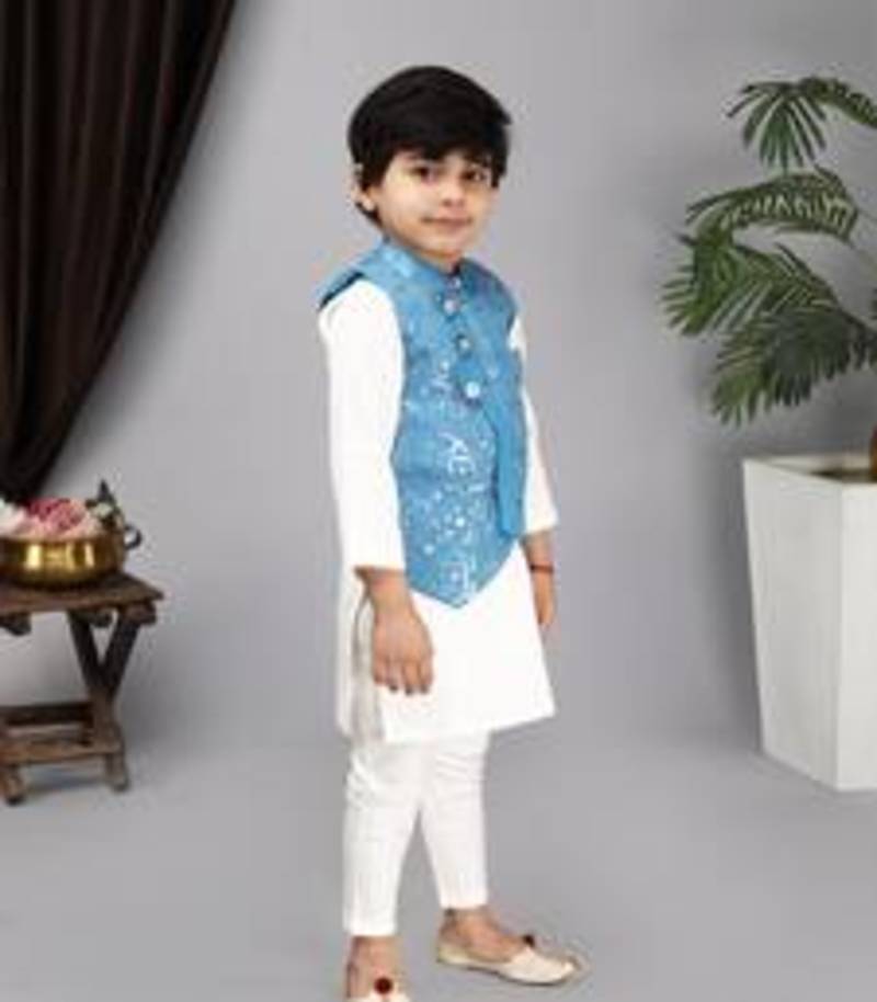 Off white kurta chudidar blue nehru jacket