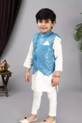 Off white kurta chudidar blue nehru jacket