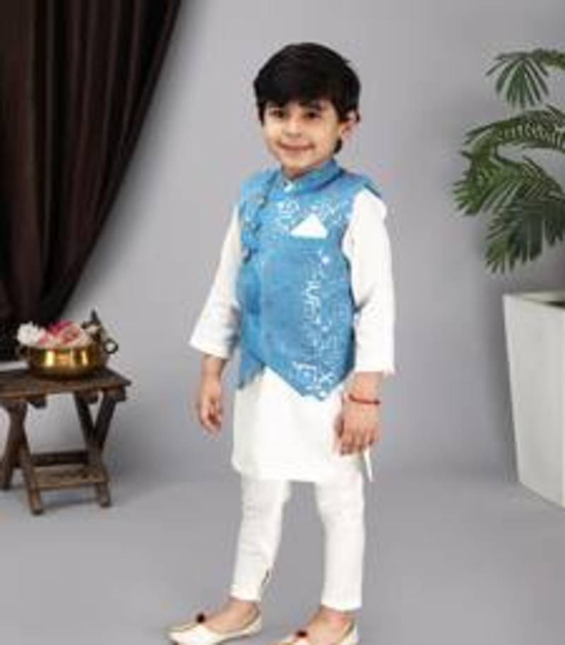 Off white kurta chudidar blue nehru jacket