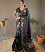 Balck colour  pure soft silk saree with copper and gold weaving flower panel