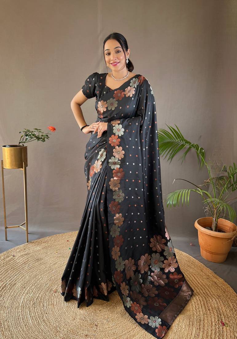 Balck colour  pure soft silk saree with copper and gold weaving flower panel