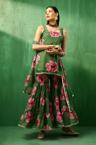 Adaa green carnation organza sharara set
