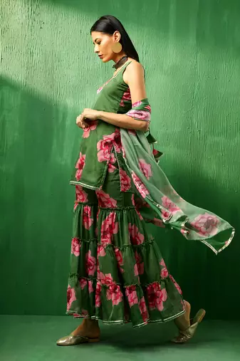 Adaa green carnation organza sharara set