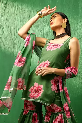 Adaa green carnation organza sharara set