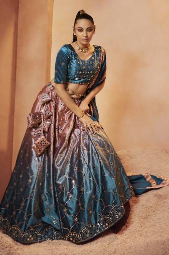 Marvelous Teal Blue Sequins Embroidered With All Over Mirror Work Velvet Party Wear Lehenga Choli