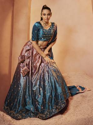 Marvelous Teal Blue Sequins Embroidered With All Over Mirror Work Velvet Party Wear Lehenga Choli 1
