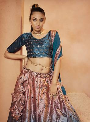 Marvelous Teal Blue Sequins Embroidered With All Over Mirror Work Velvet Party Wear Lehenga Choli 2