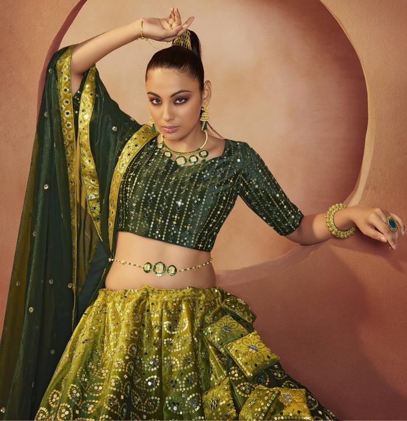 Green Sequins Embroidered With All Over Mirror Work Velvet Party Wear Lehenga Choli