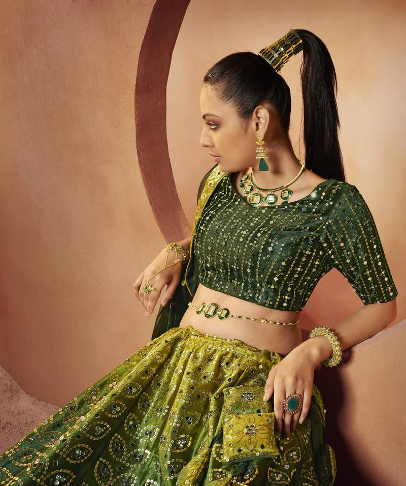 Green Sequins Embroidered With All Over Mirror Work Velvet Party Wear Lehenga Choli