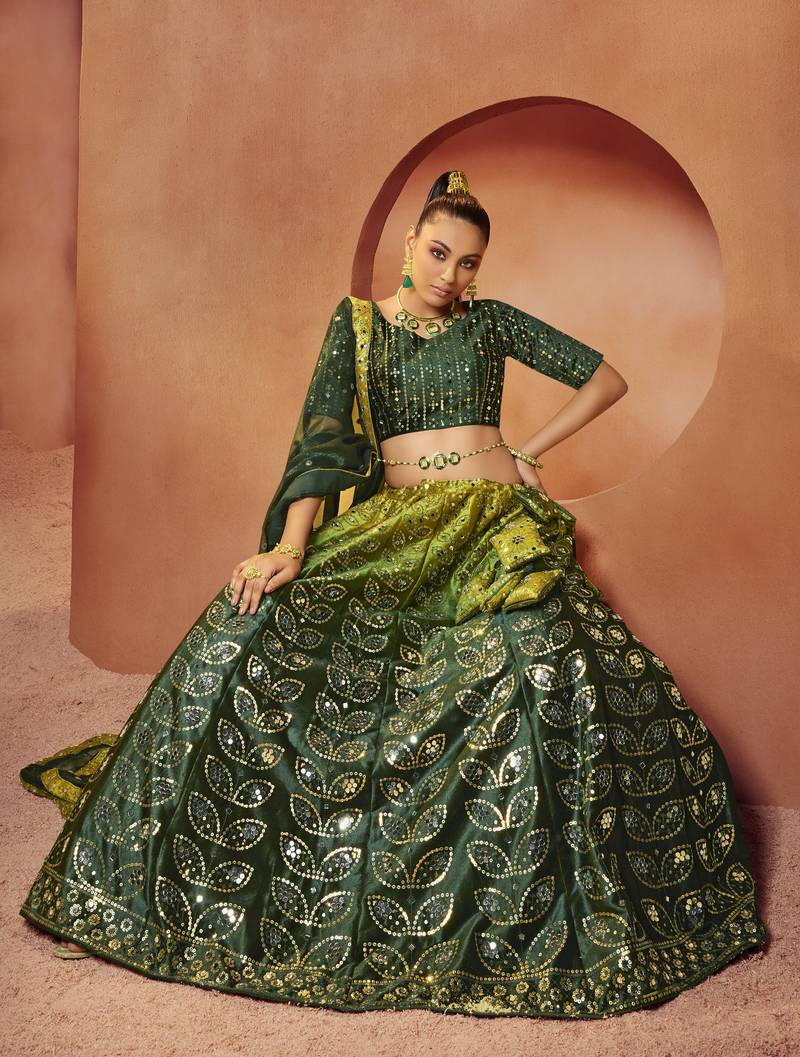 Green Sequins Embroidered With All Over Mirror Work Velvet Party Wear Lehenga Choli