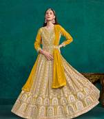 Yellow embroidered faux georgette semi stitched anarkali suit